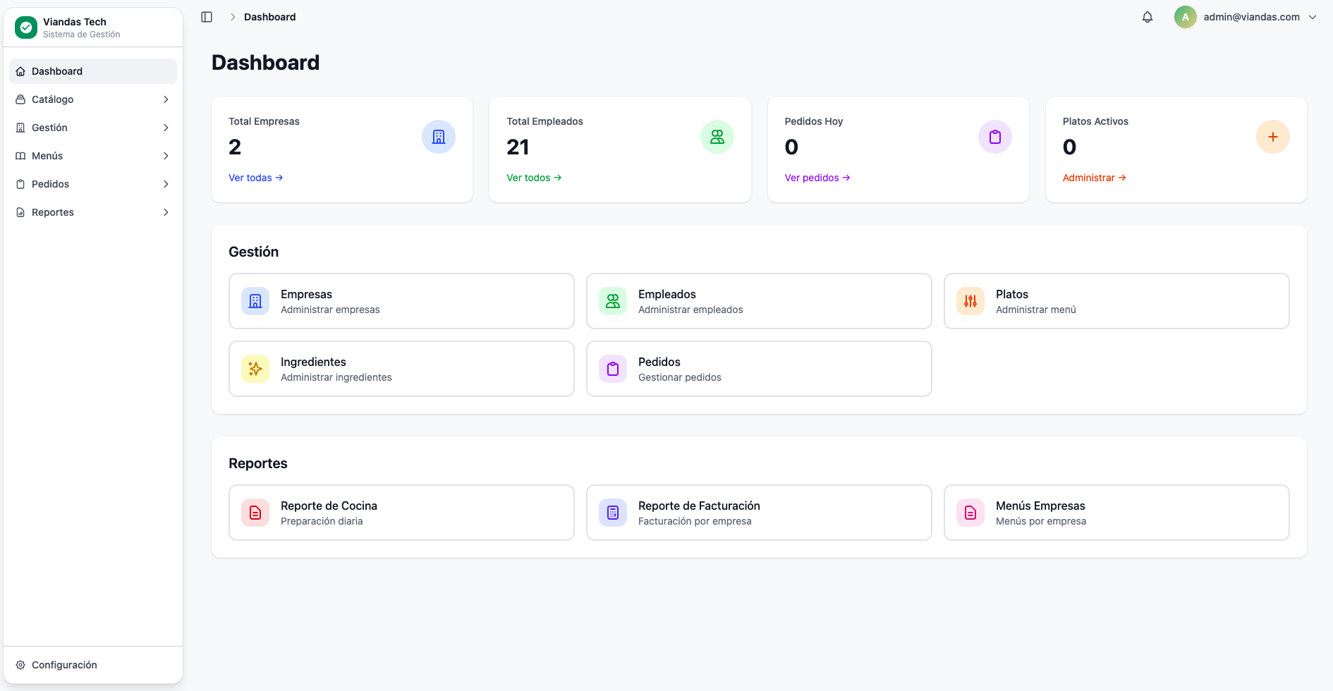 Vista del calendario de pedidos de ViandasTech
